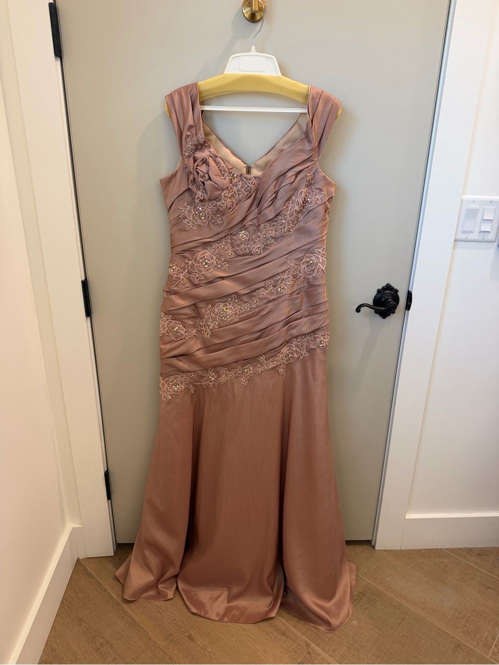 Off Shoulder Dusty Rose Evening Gown with Floral Embroidery and matching wrap